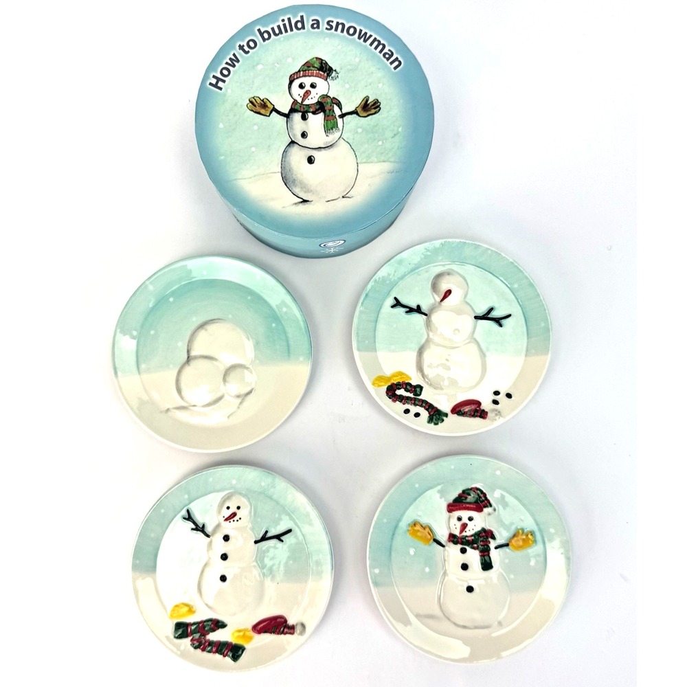 SNOWMAN How To Build CHRISTMAS WINTER Bread Dessert Appetizer Plates‎ Dishes Set